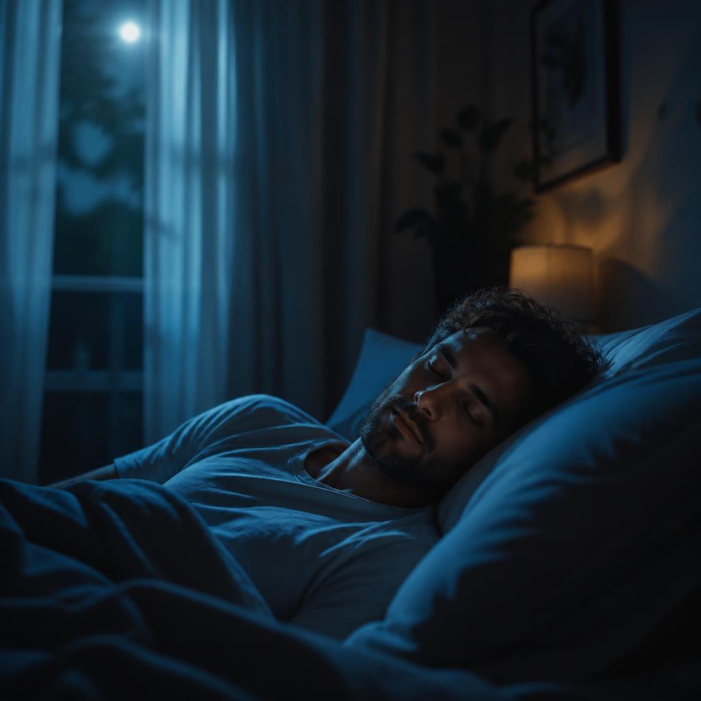 Man resting peacefully in bed under soft moonlight