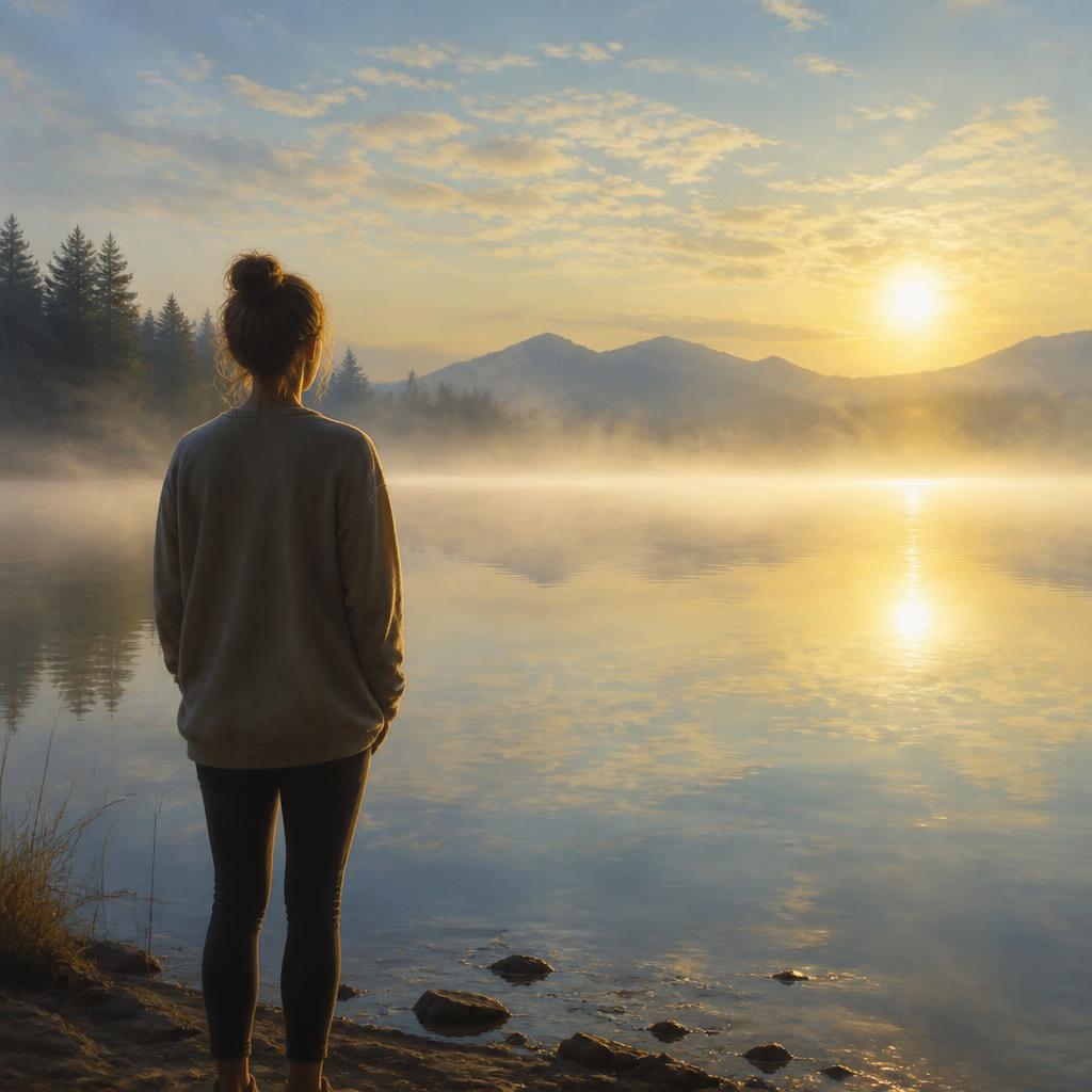Person standing at the edge of a misty lake at sunrise, breathing deeply